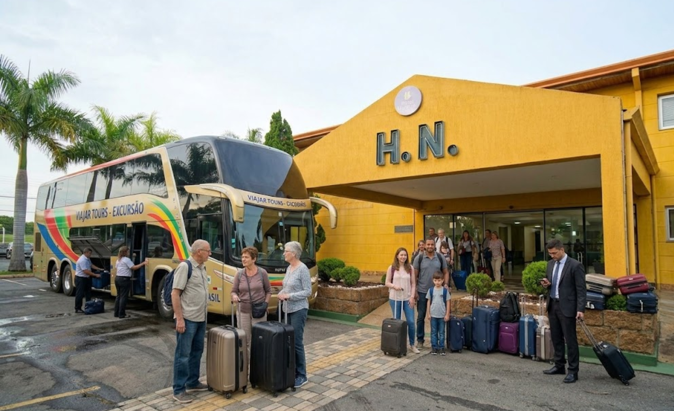 Ônibus de excursão estacionado em frente a hotel em Sorocaba, com grupo de turistas desembarcando com bagagens para check-in