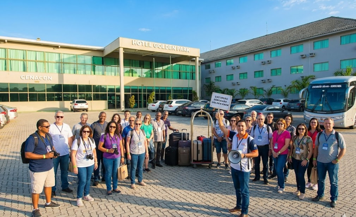 Grupo de turistas em frente ao Golden Park Sorocaba durante excursão organizada na cidade