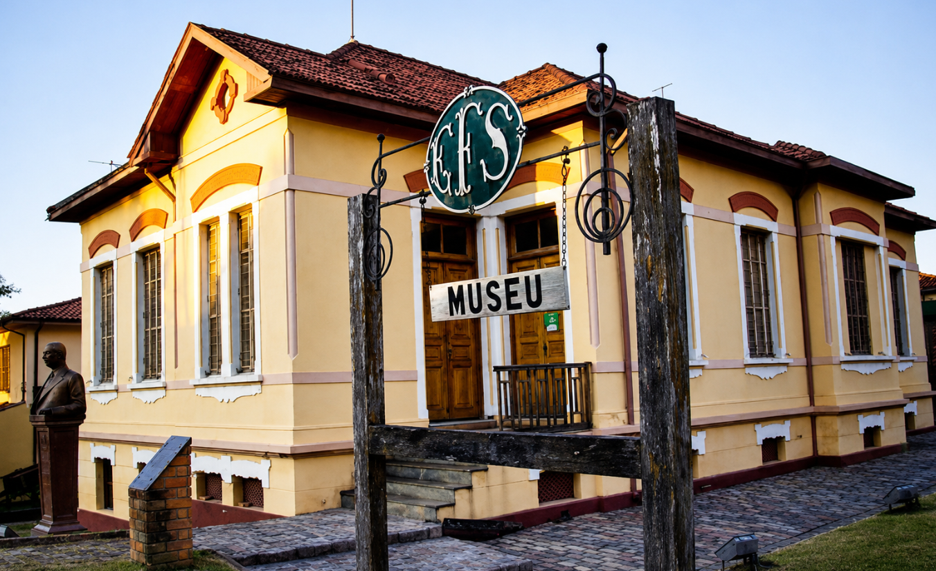 Fachada histórica do Museu da Estrada de Ferro Sorocabana com locomotiva a vapor exposta e arquitetura do início do século XX