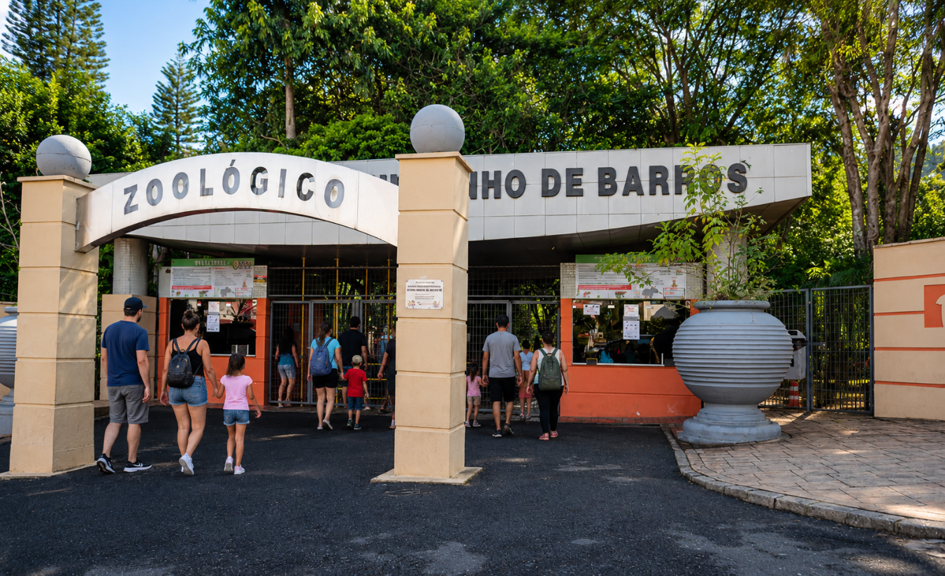 Família visitando o Zoológico Municipal Quinzinho de Barros, em Sorocaba, cercada por áreas verdes e animais