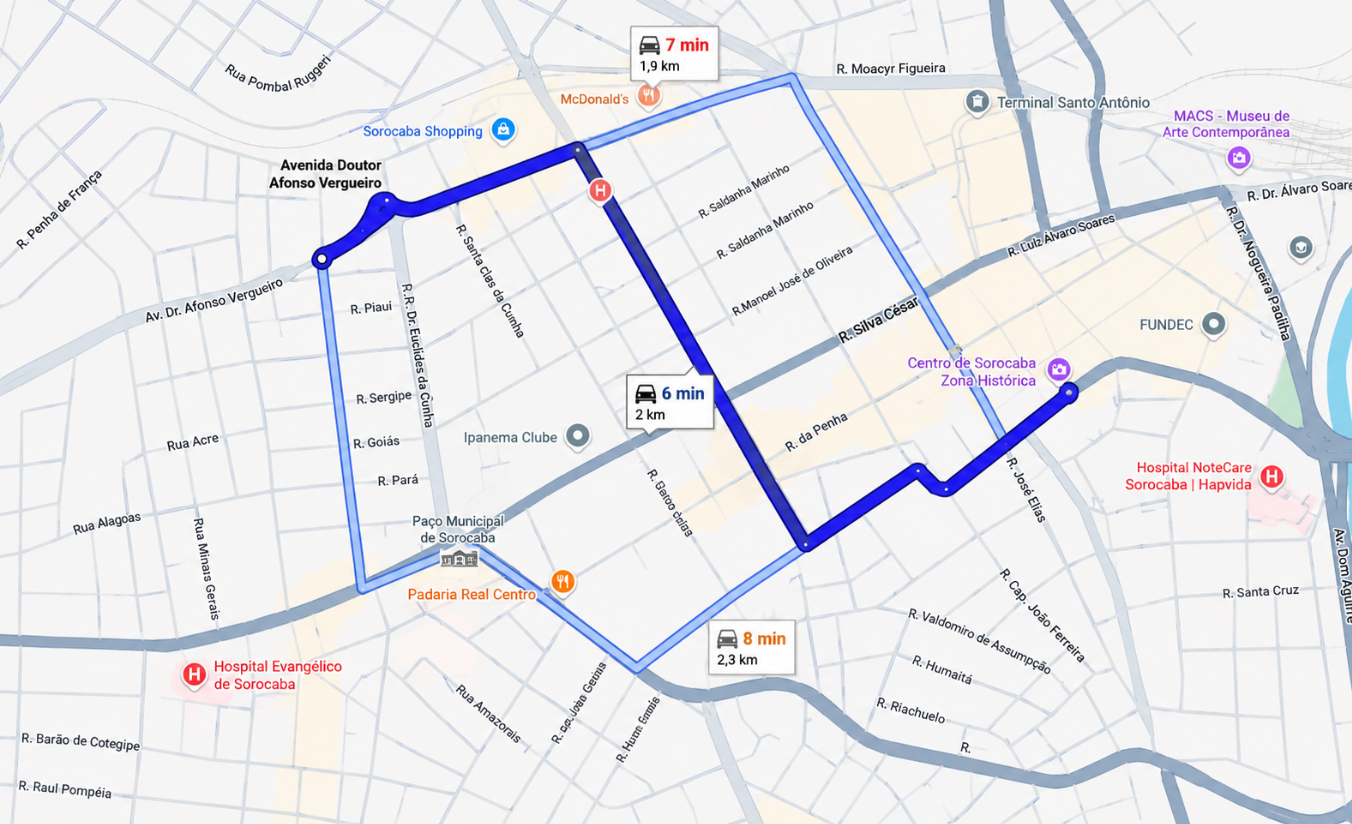 Trajeto entre o Dan Inn Sorocaba e o Centro Histórico de Sorocaba pela Avenida Doutor Afonso Vergueiro