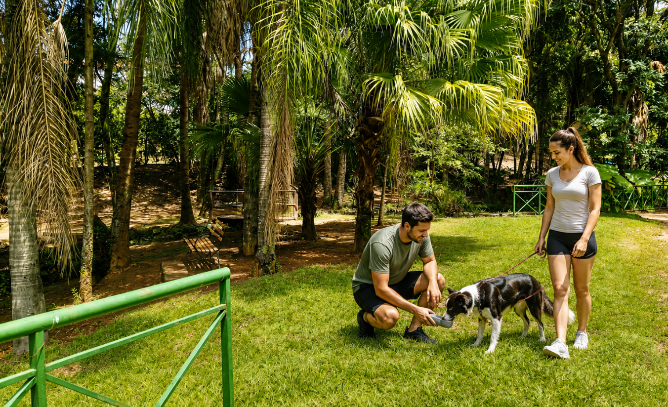 Cachorro bebendo água em tigela durante passeio ao ar livre em dia de sol