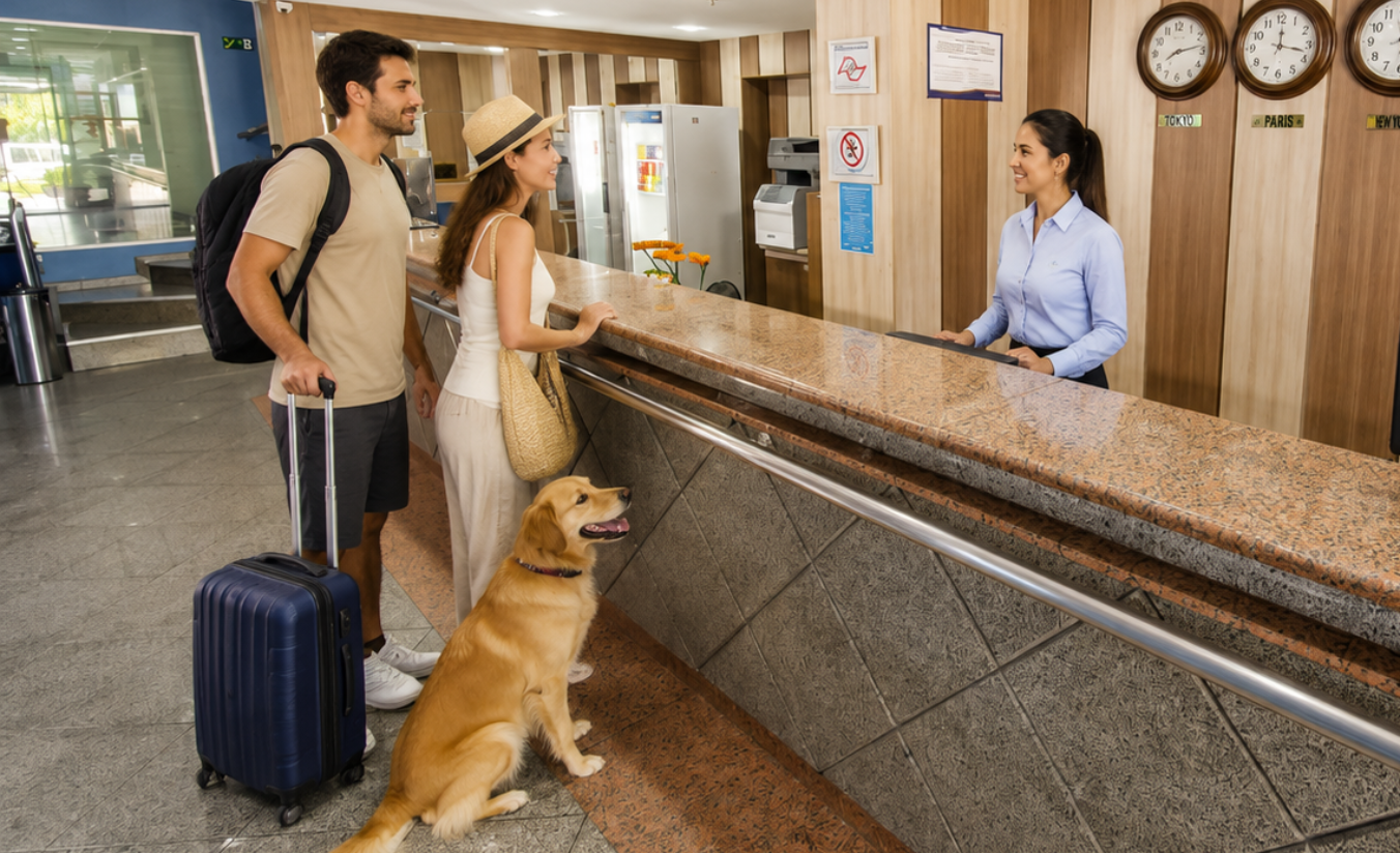 Cachorro de porte médio ao lado de mala de viagem na recepção de um hotel