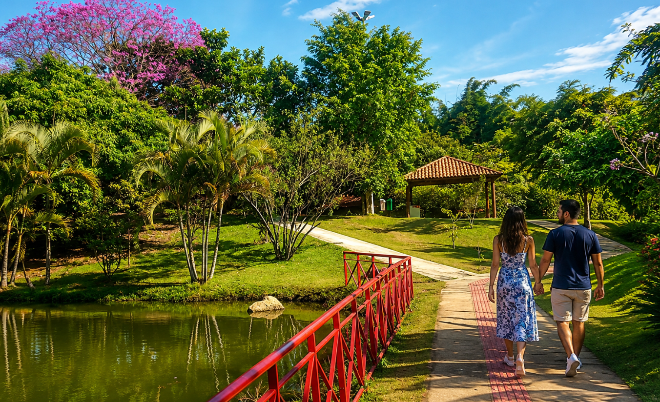 Casal caminhando por um parque arborizado em Sorocaba durante o fim de semana