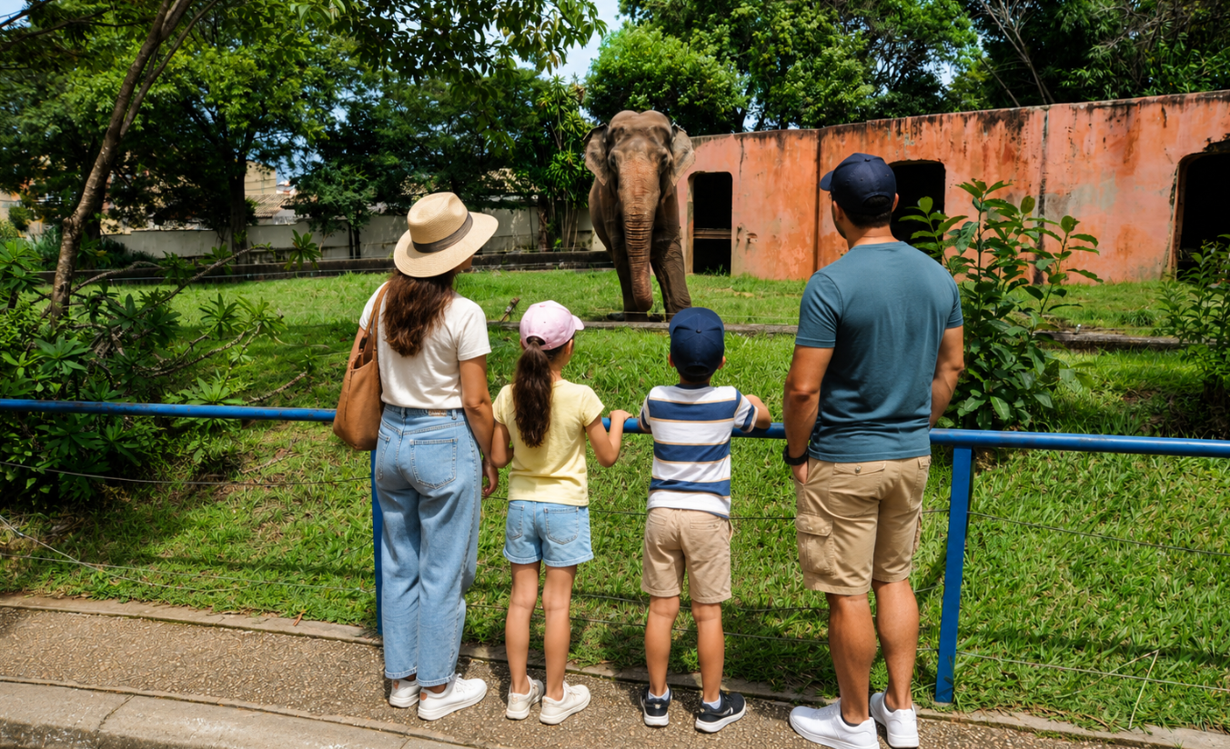 Crianças observando animais no Zoológico Municipal Quinzinho de Barros em Sorocaba