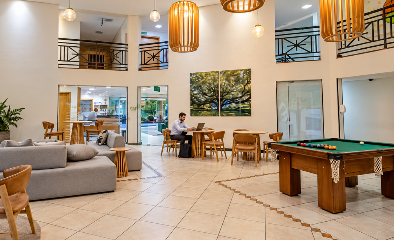 Hóspede a trabalho utilizando notebook em área comum do Hotel Nacional Inn Sorocaba