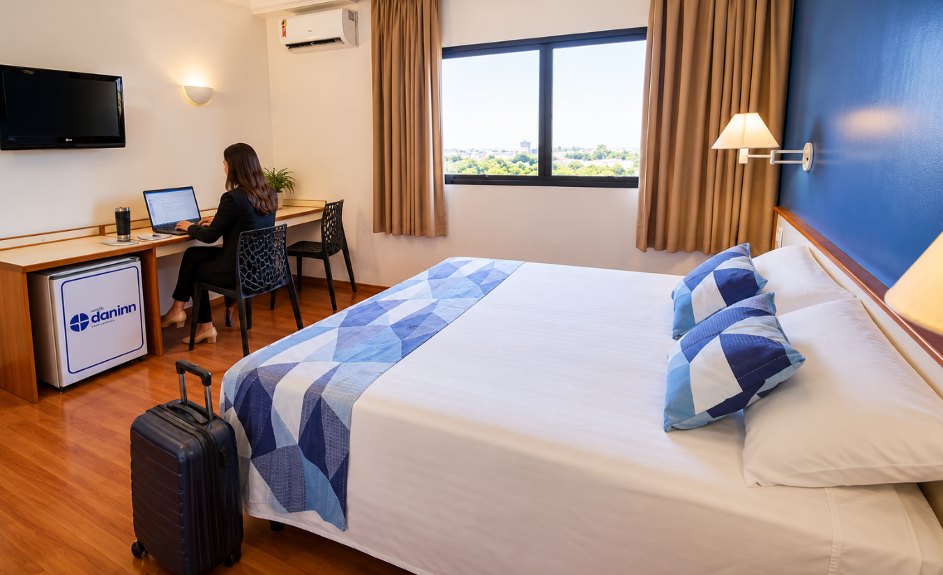 Profissional em viagem de negócios trabalhando no notebook em bancada de quarto de hotel em Sorocaba