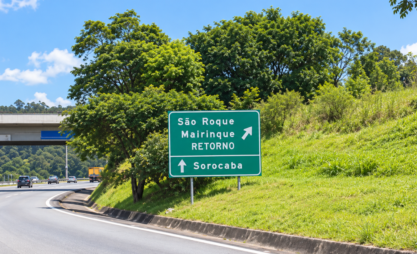 Rodovia arborizada chegando a Sorocaba em dia ensolarado de feriado no interior de São Paulo
