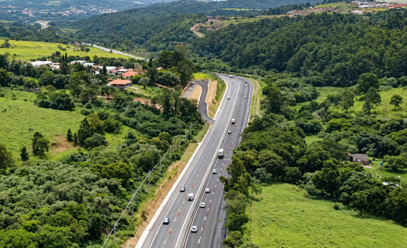 Rodovia de acesso a Sorocaba com pista duplicada em dia ensolarado no interior paulista
