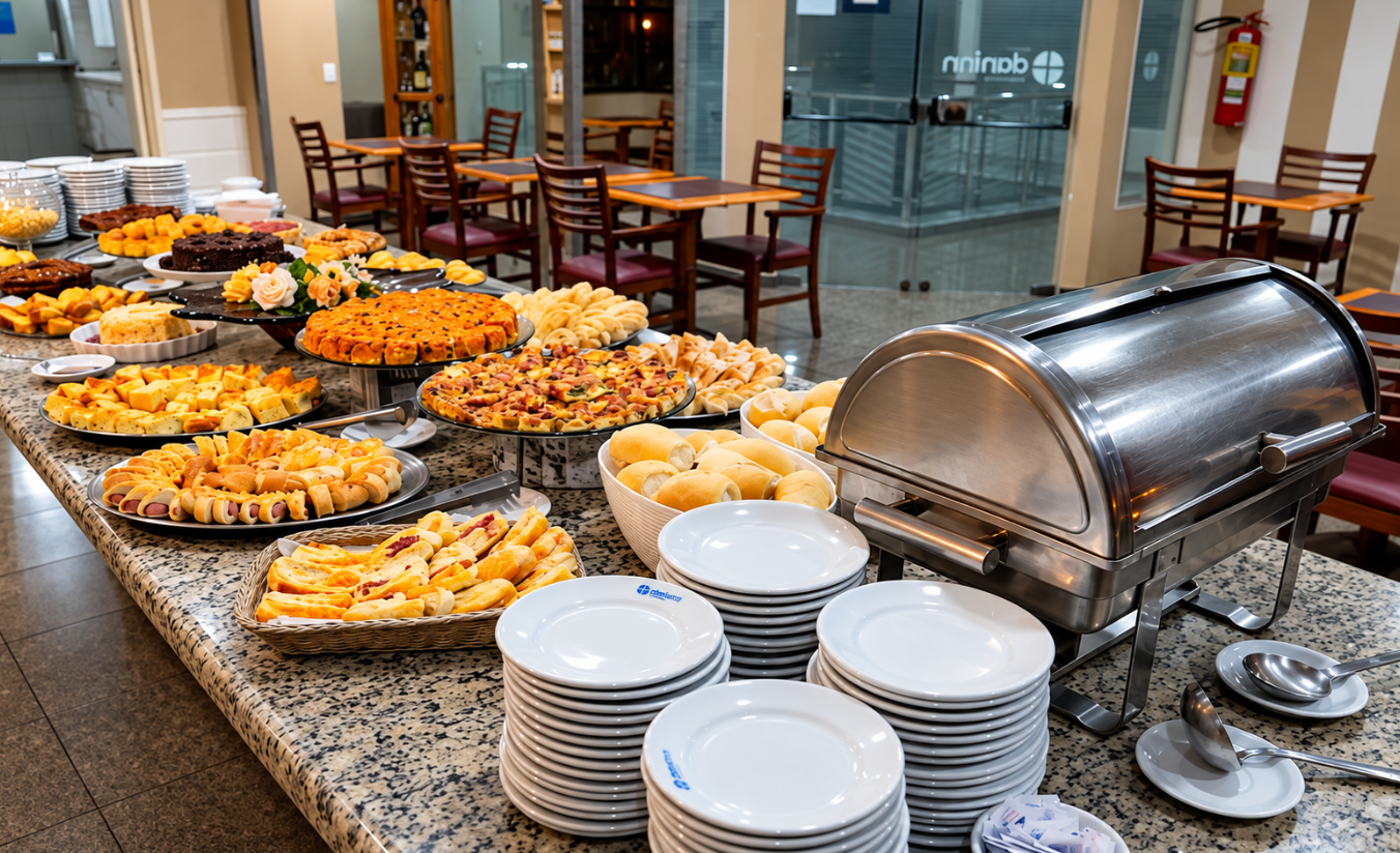 Salão de café da manhã do Hotel Dan Inn Sorocaba com buffet de frutas, pães, frios e bebidas quentes